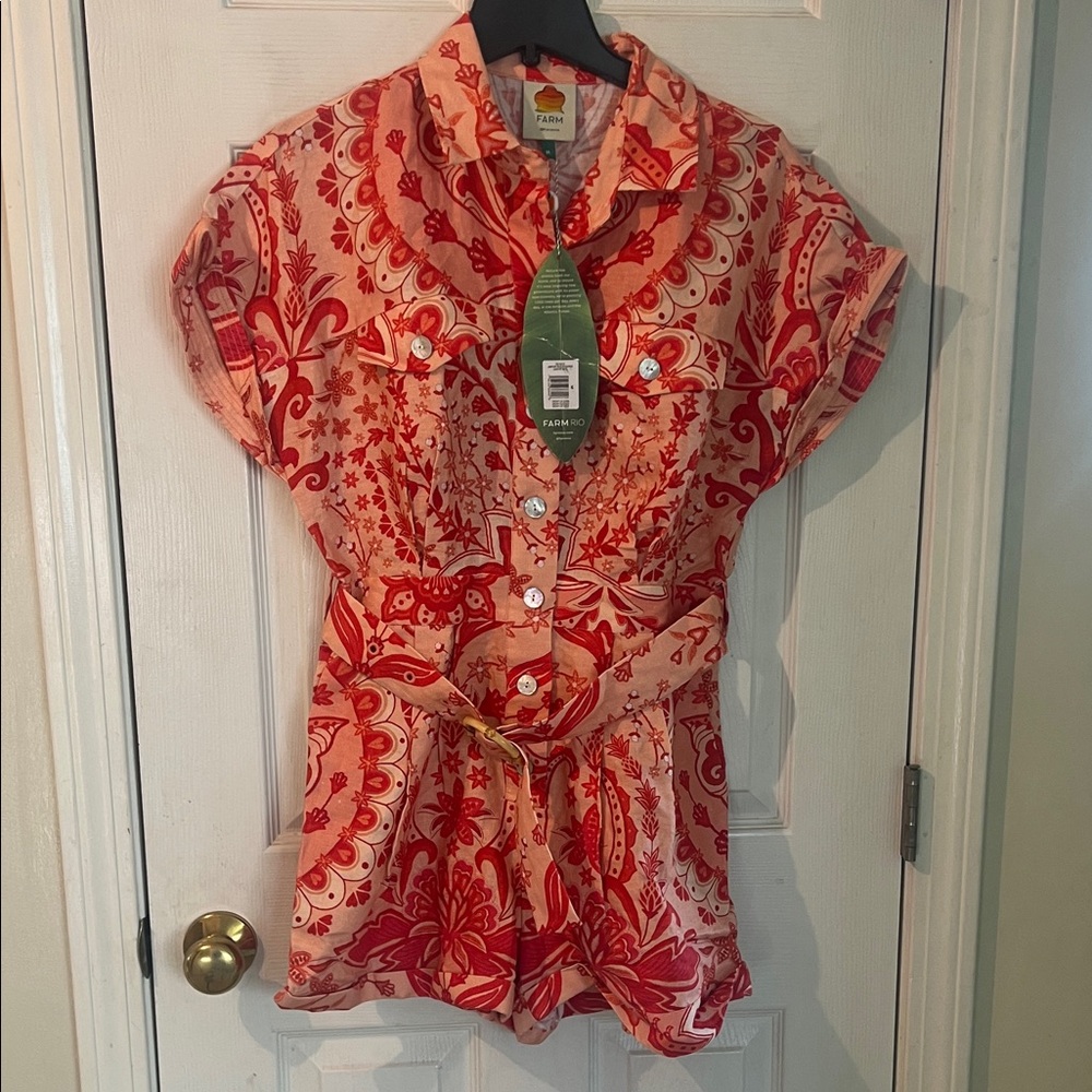 Farm Rio Red and Cream Paisley Button-Front Women’s Belted Romper Size M